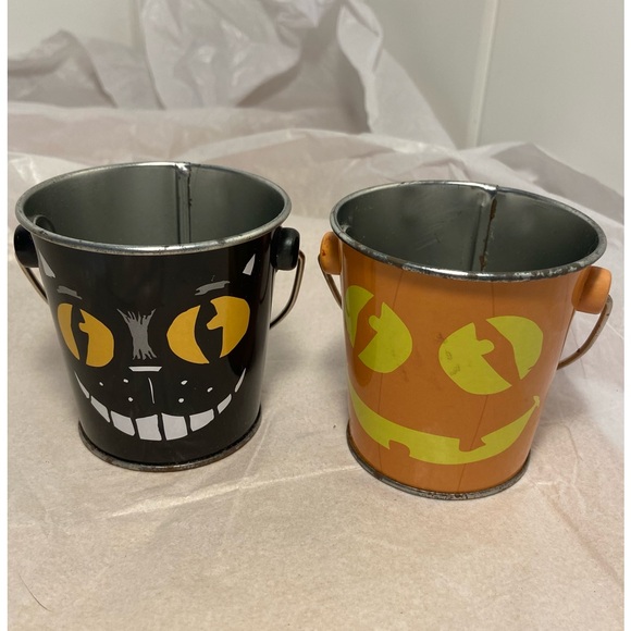 Vintage Halloween Buckets 2 mini pail Black Cat Jack O Lantern pumpkin face 90s - Picture 16 of 16